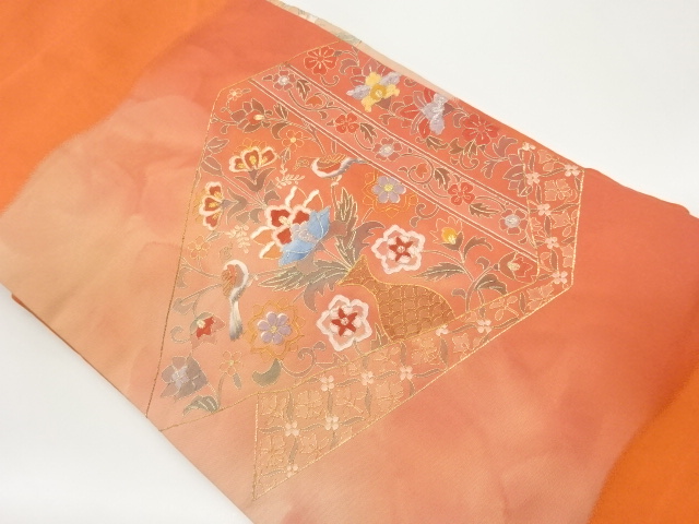 金駒刺繍花瓶に花唐草・鳥模様名古屋帯